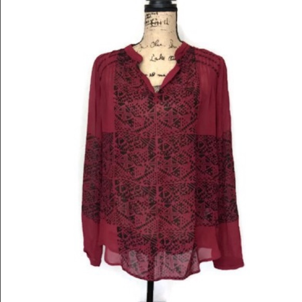 Lucky Brand Red Long Sleeve Sheer Blouse Size M